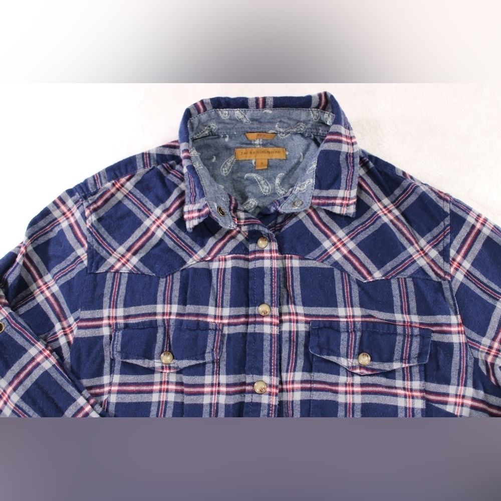 •JACHS Girlfriend• S Flannel Long Sleeve Blue Red White Womens 100% Cotton Pearl